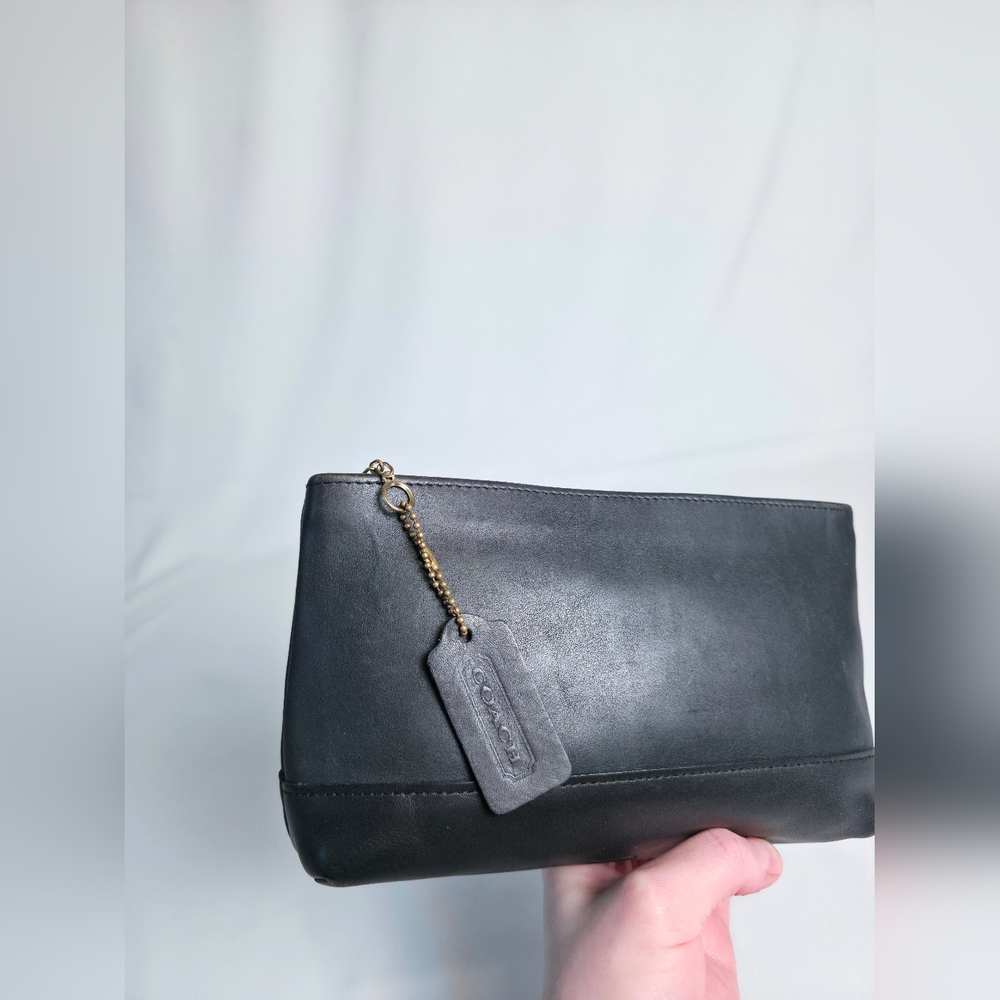 Vintage Coach Cosmetic Case Large 7172 Blavy Navy Leather Pouch Blue Ticking - Picture 2 of 14